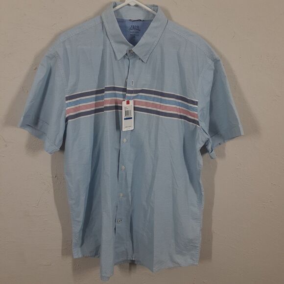 Izod Saltwater Relaxed Classics Mens XL Blue Striped Short Sleeve Button Shirt - Picture 1 of 10